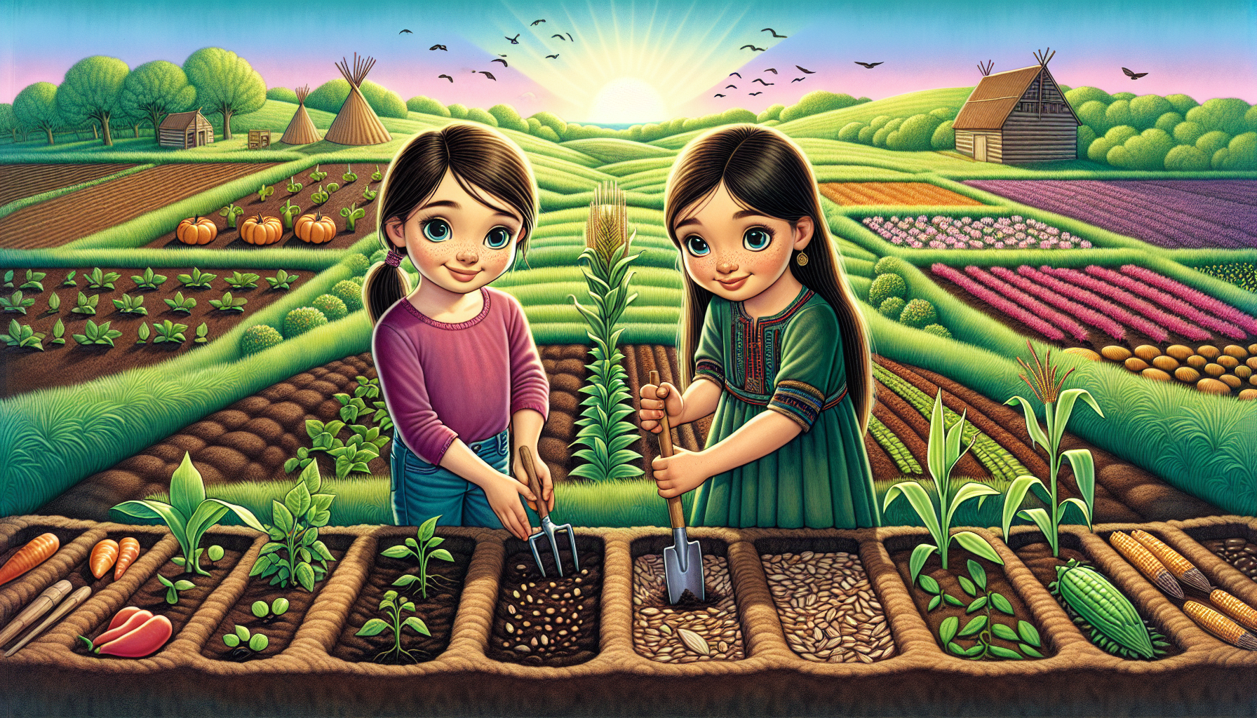 Mia and Chara work together, planting seeds in the field.