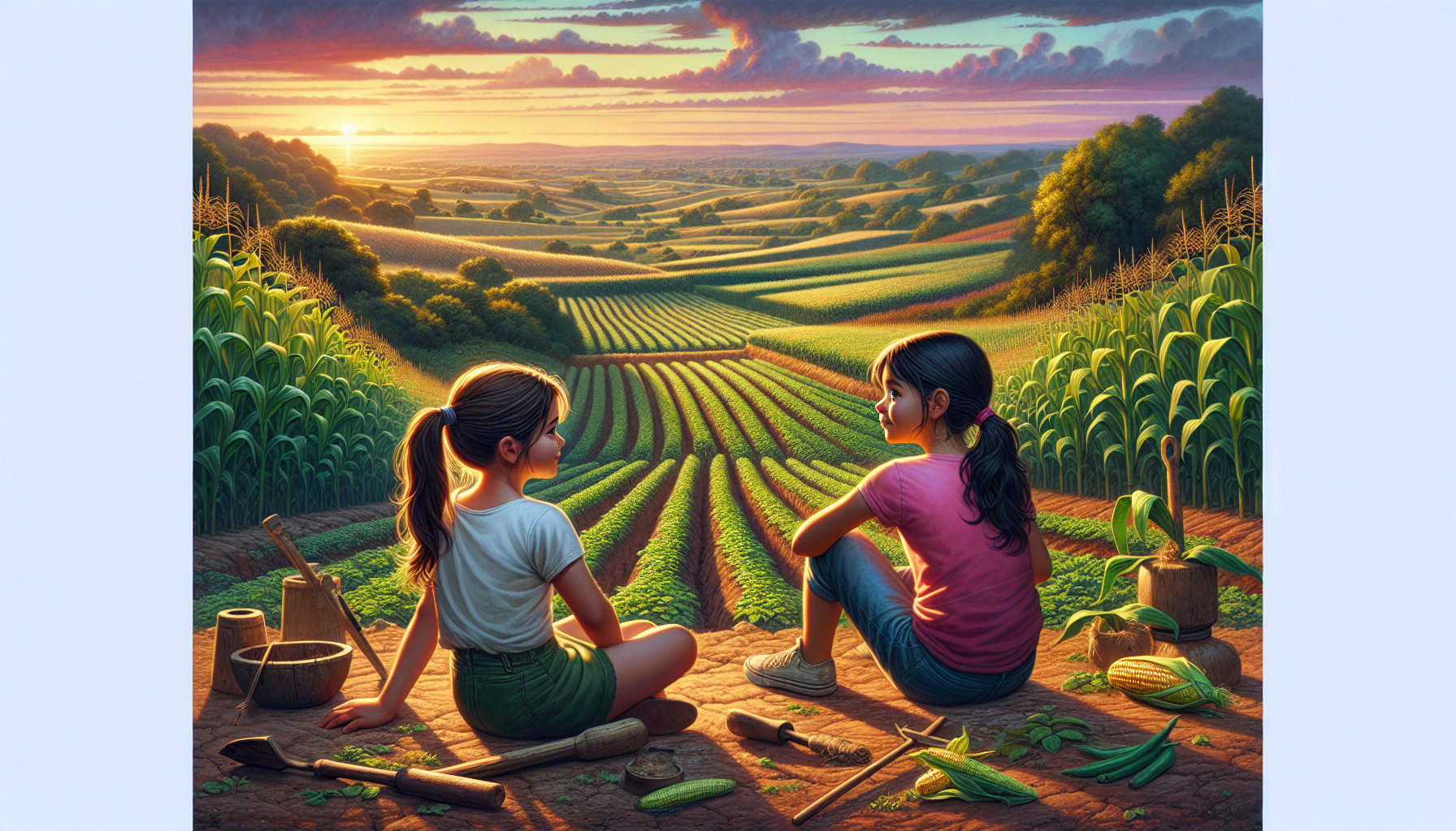 Mia and Chara reflect on lessons of interconnectedness as the sun sets over the field.