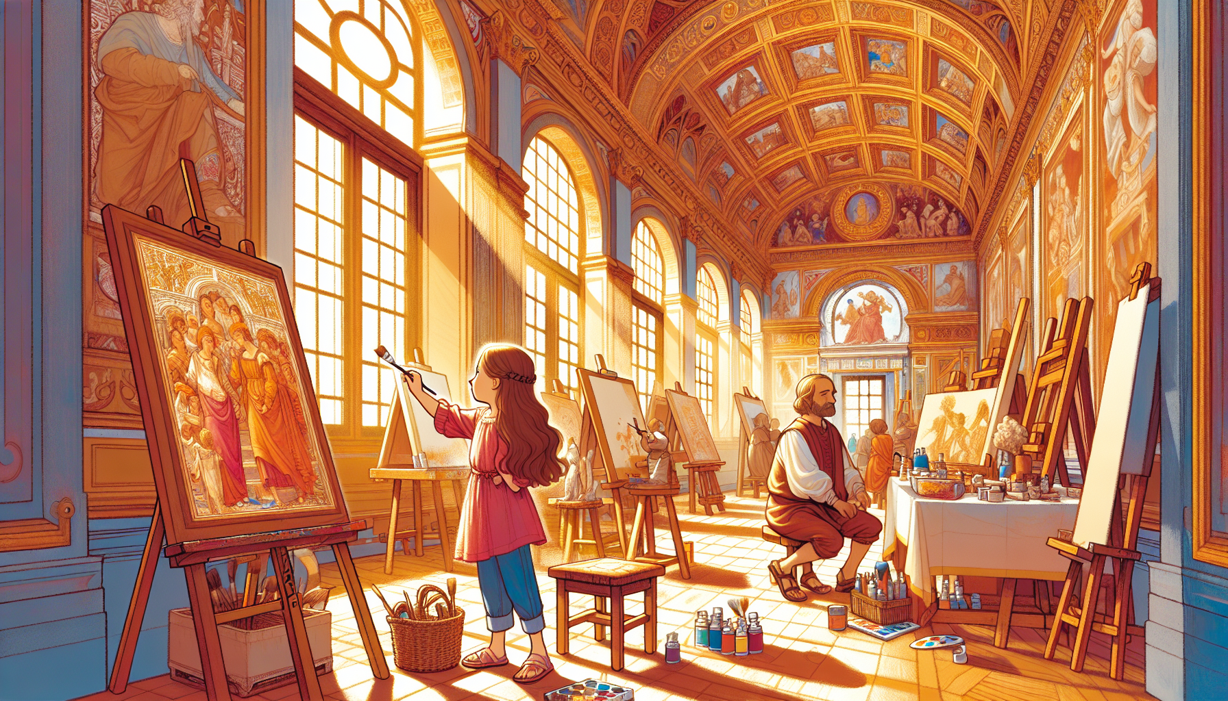 Mia paints a Renaissance fresco under Luca's guidance in the sunlit studio.