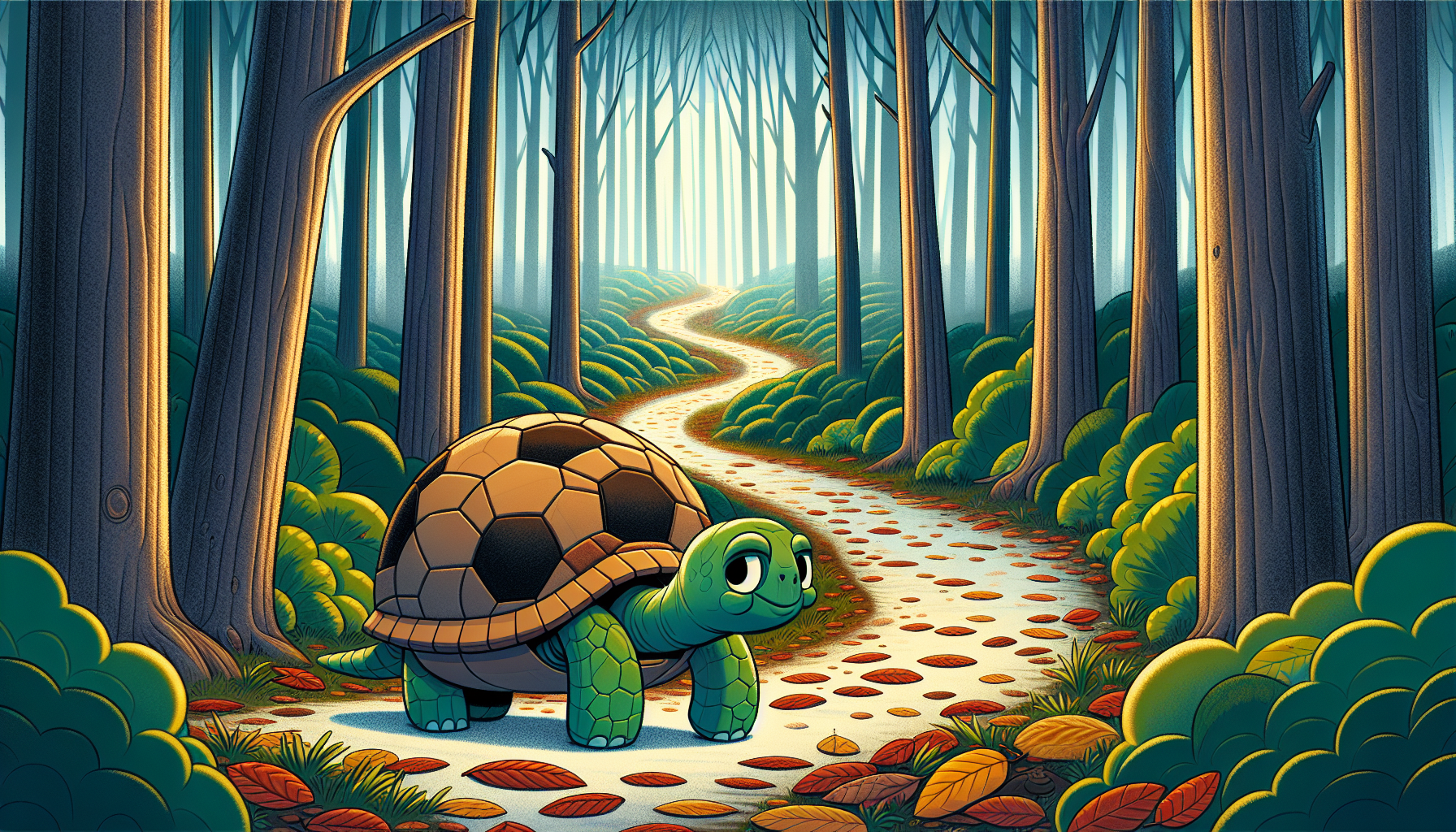 Terry the tortoise walking thoughtfully along a misty forest trail.