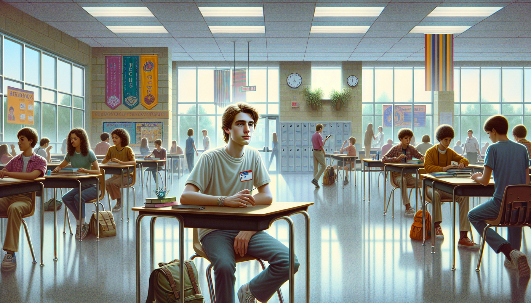 Alex, feeling socially invisible, sits unnoticed in a bustling high school classroom.