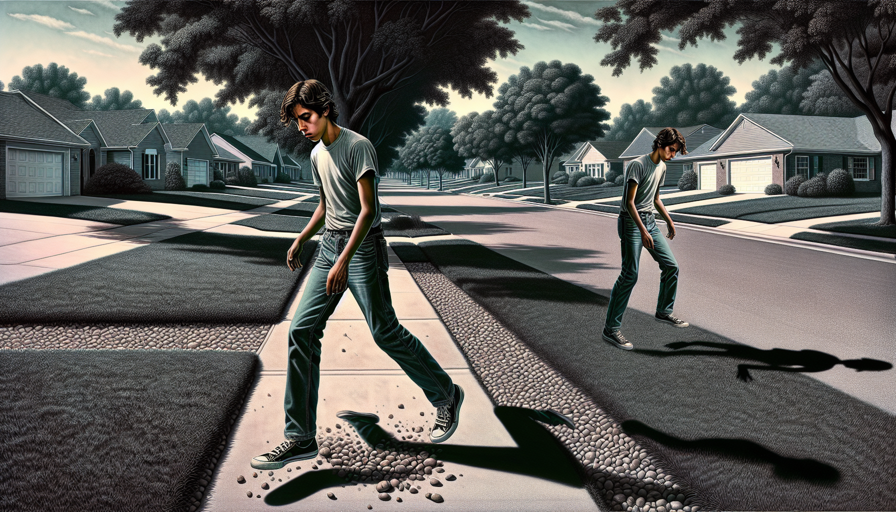 Alex walks home alone in a peaceful suburban neighborhood.