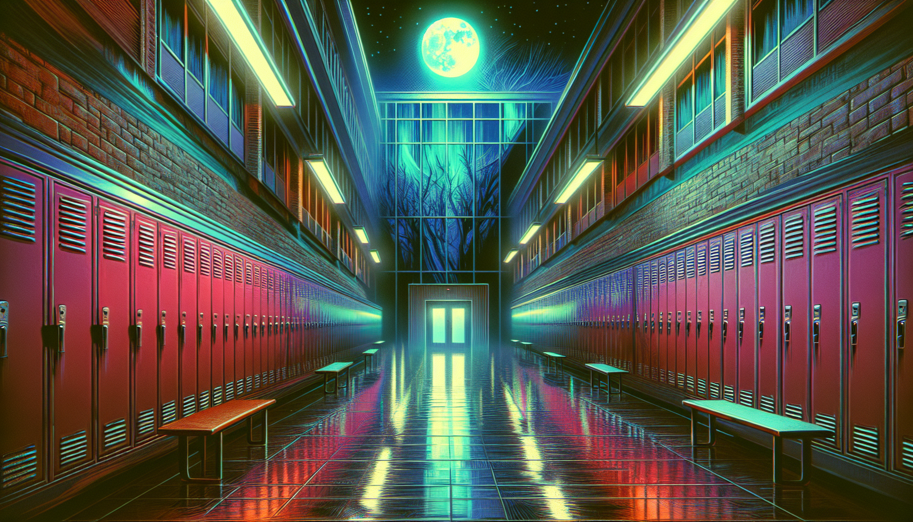 An empty hallway at Millbrook High School at night.