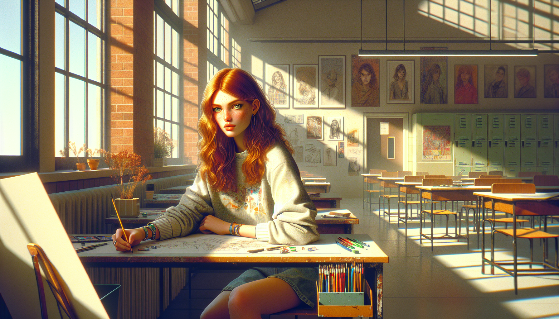 Sarah focused on her sketch in the art classroom.