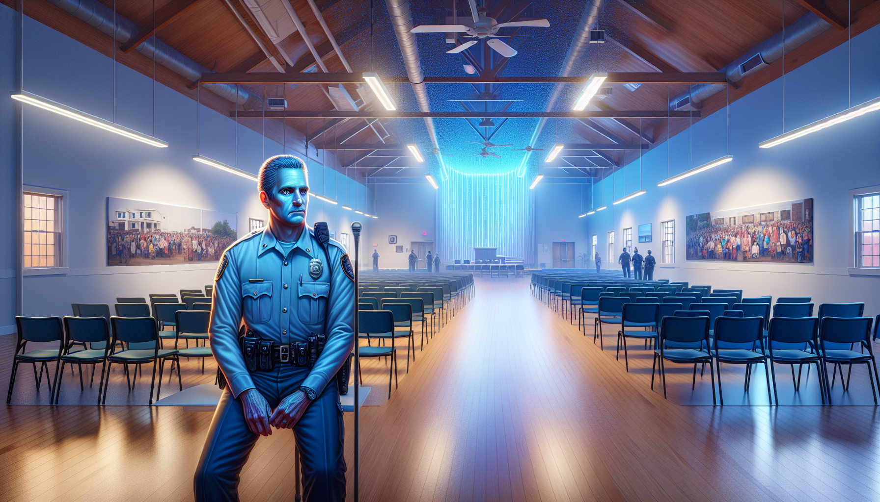 Officer Reeves examining a photo display of Alex's life after the memorial service.