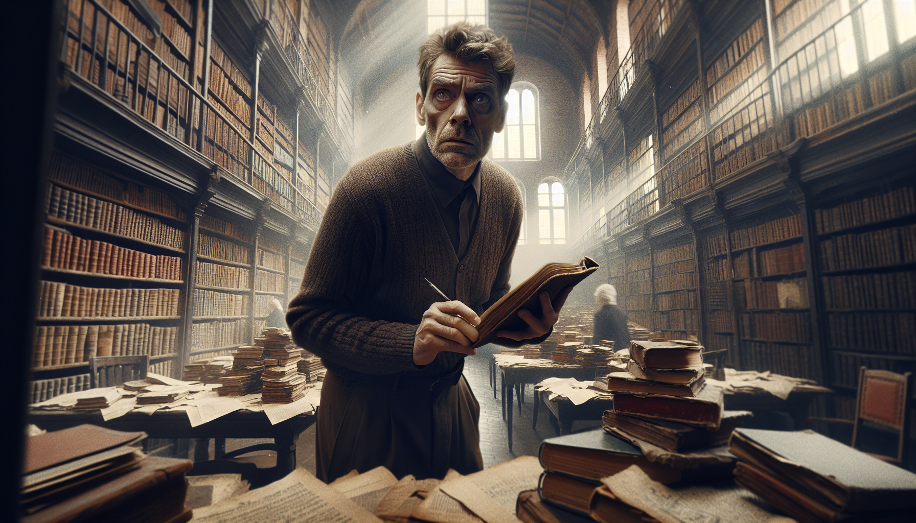 Mark researching frantically in the library's local history section.