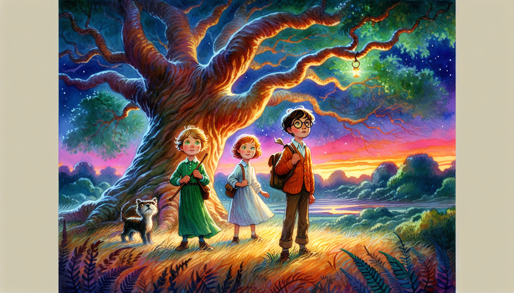 Under a twilight sky, Sam, Leo, and Emma make a pact beneath the Whispering Oak, filled with determination and excitement.