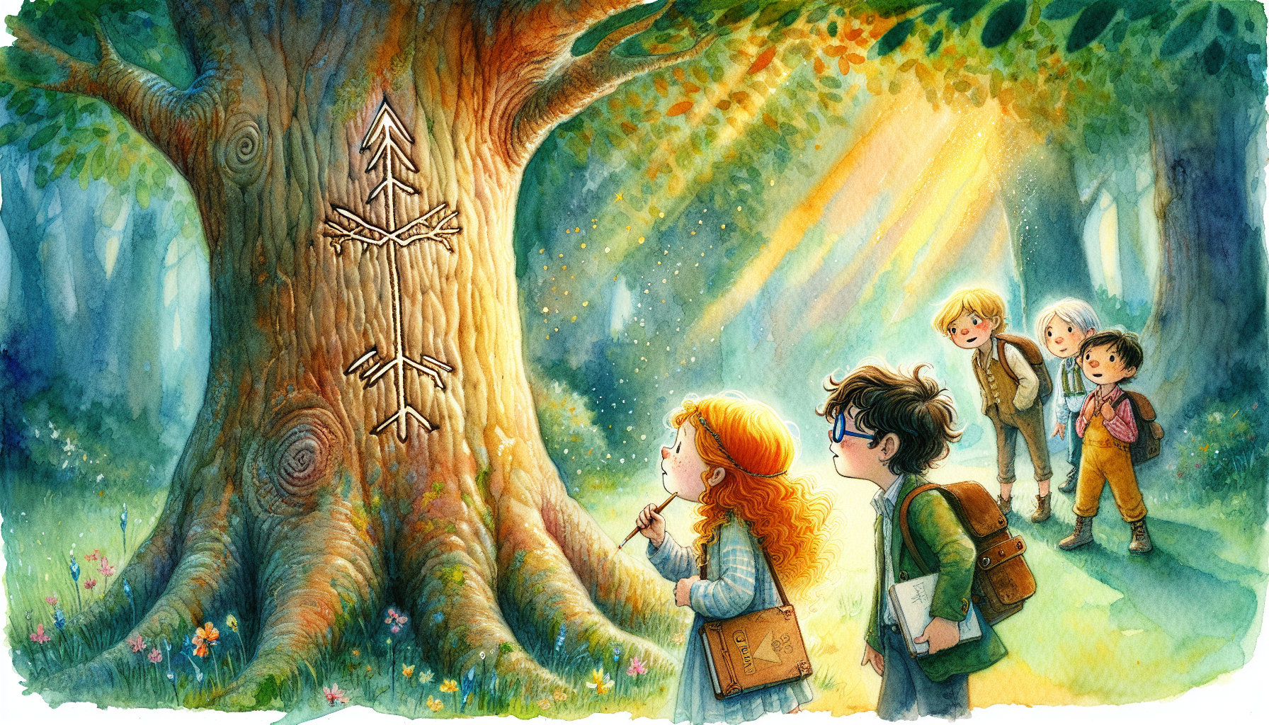 Daytime around the Whispering Oak; Sam, Leo, and Emma inspect an etched arrow on the tree’s bark.