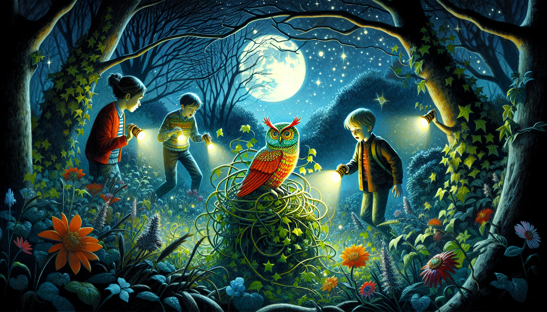 Sam, Leo, and Emma in a moonlit library garden, discovering a clue at a statue of an owl surrounded by overgrown ivy.