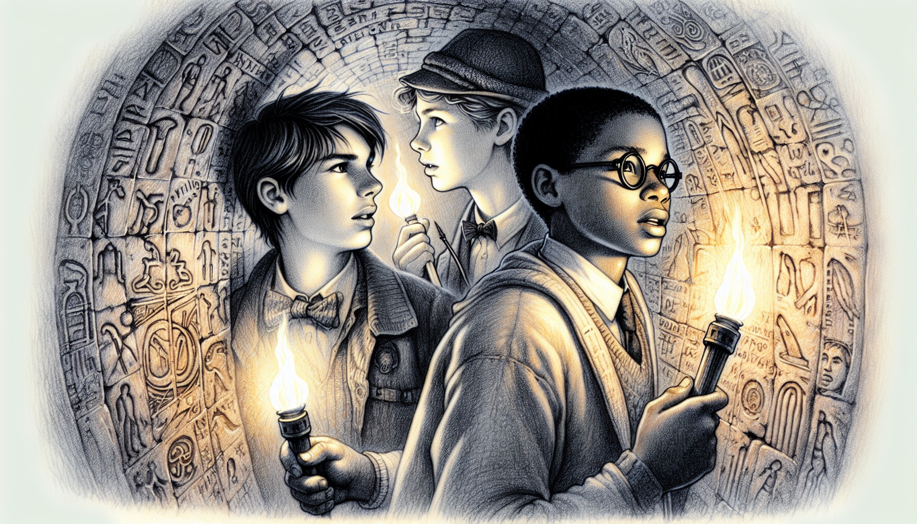 Inside a dark, flooded tunnel, Sam, Leo, and Emma navigate with flashlights, ancient carvings visible on the walls.