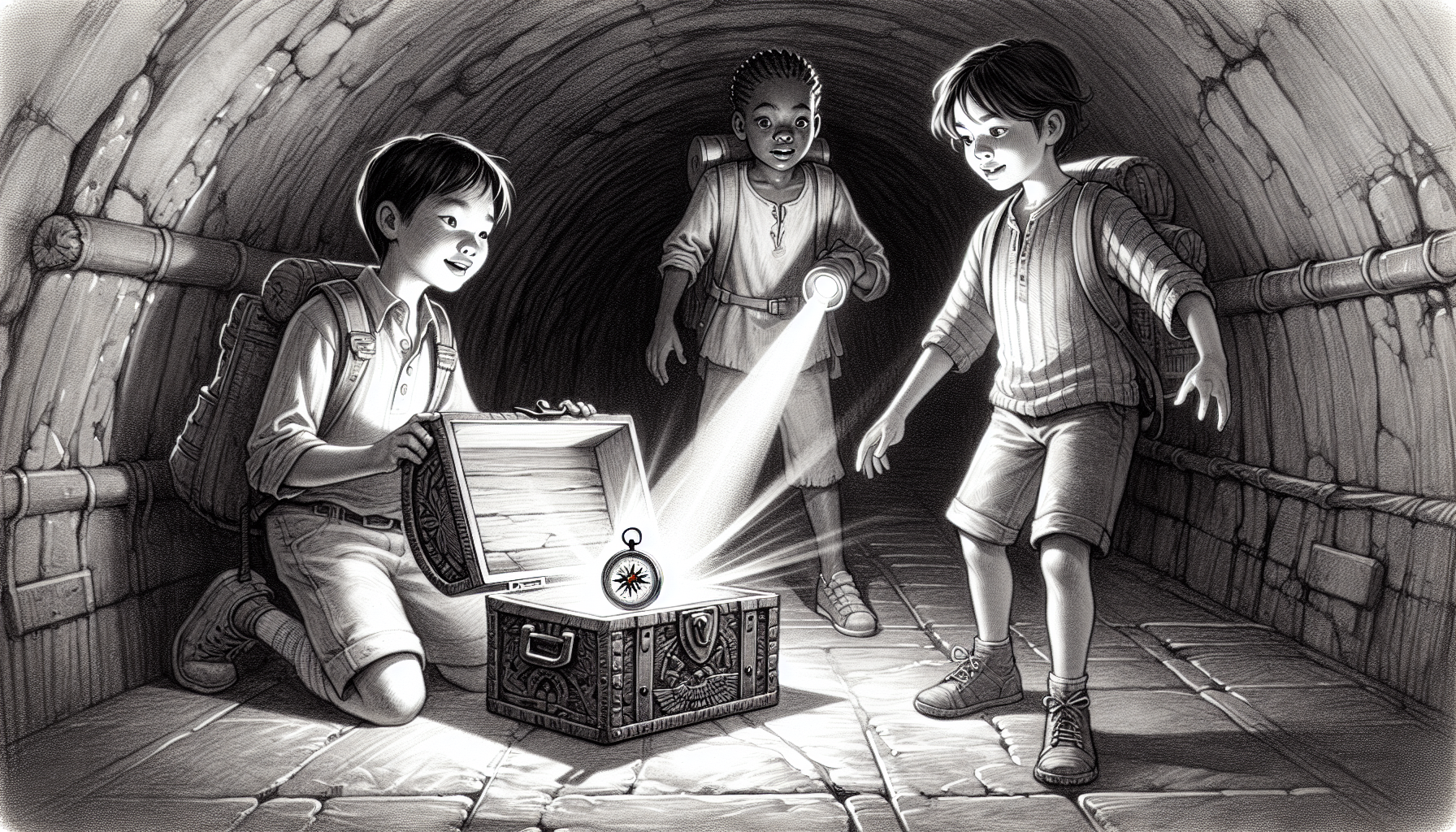 Sam, Leo, and Emma find an ancient chest in a chamber, a compass atop it energetically spinning to guide them further.