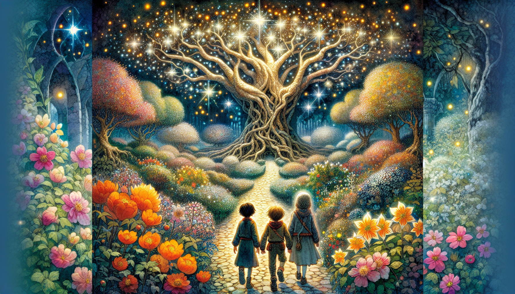 Sam, Leo, and Emma explore the vibrant, magical secret garden under the moonlight, surrounded by shimmering flowers.