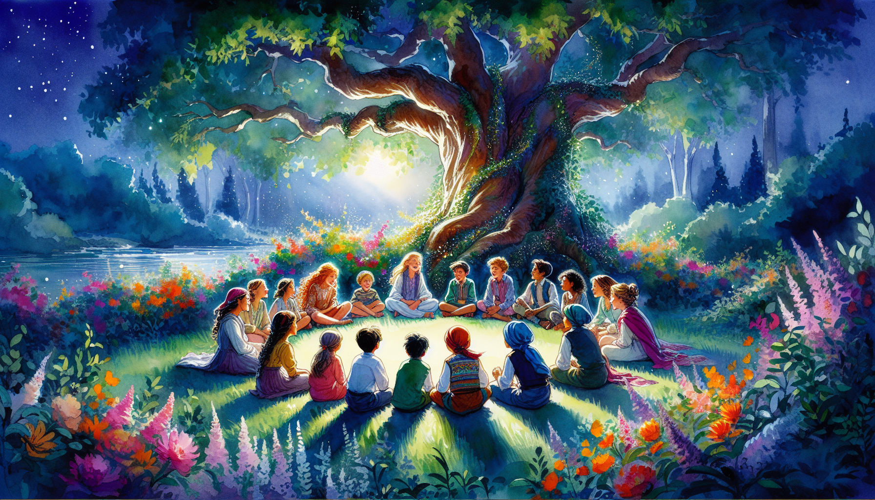 Under the grand oak in the secret garden, Sam, Leo, and Emma share stories in a circle, surrounded by vibrant, blooming flora.