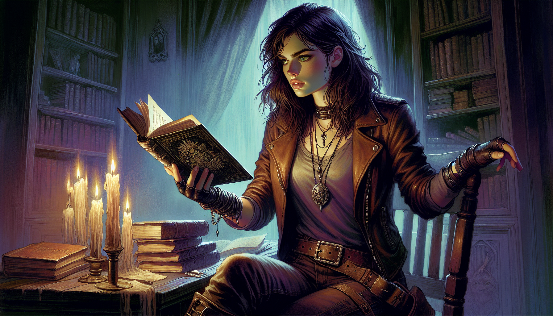 Aria discovering her family's cursed history through an ancient book in a shadowy library.