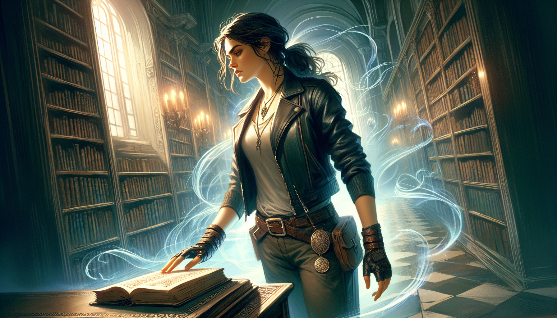 Aria enveloped in a serene light, surrounded by the whispers of her ancestors in the library.