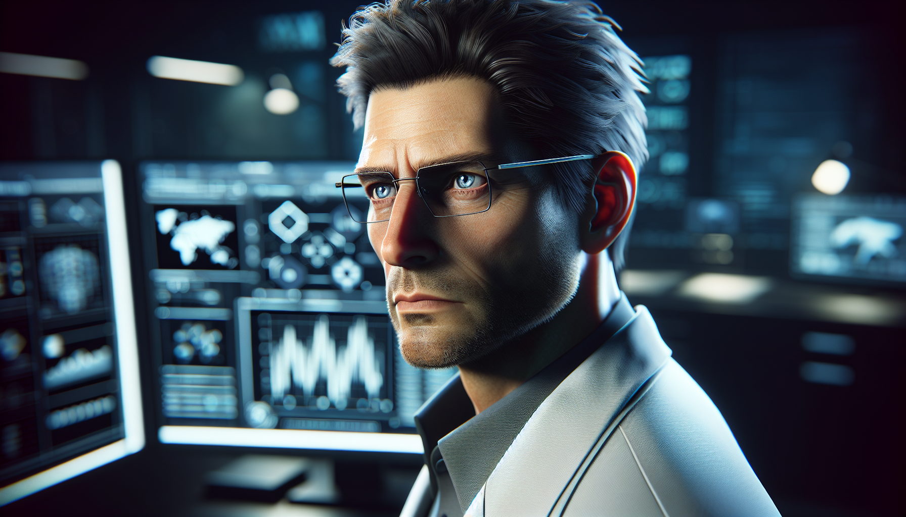 Victor Hale stands in a high-tech lab, poised to type something important.