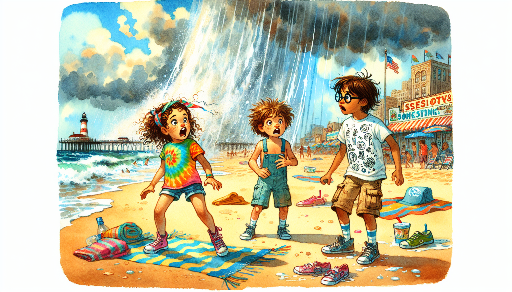 Lily, Max, and Zoe look up in surprise as dark clouds gather and it starts raining suddenly at the beach.