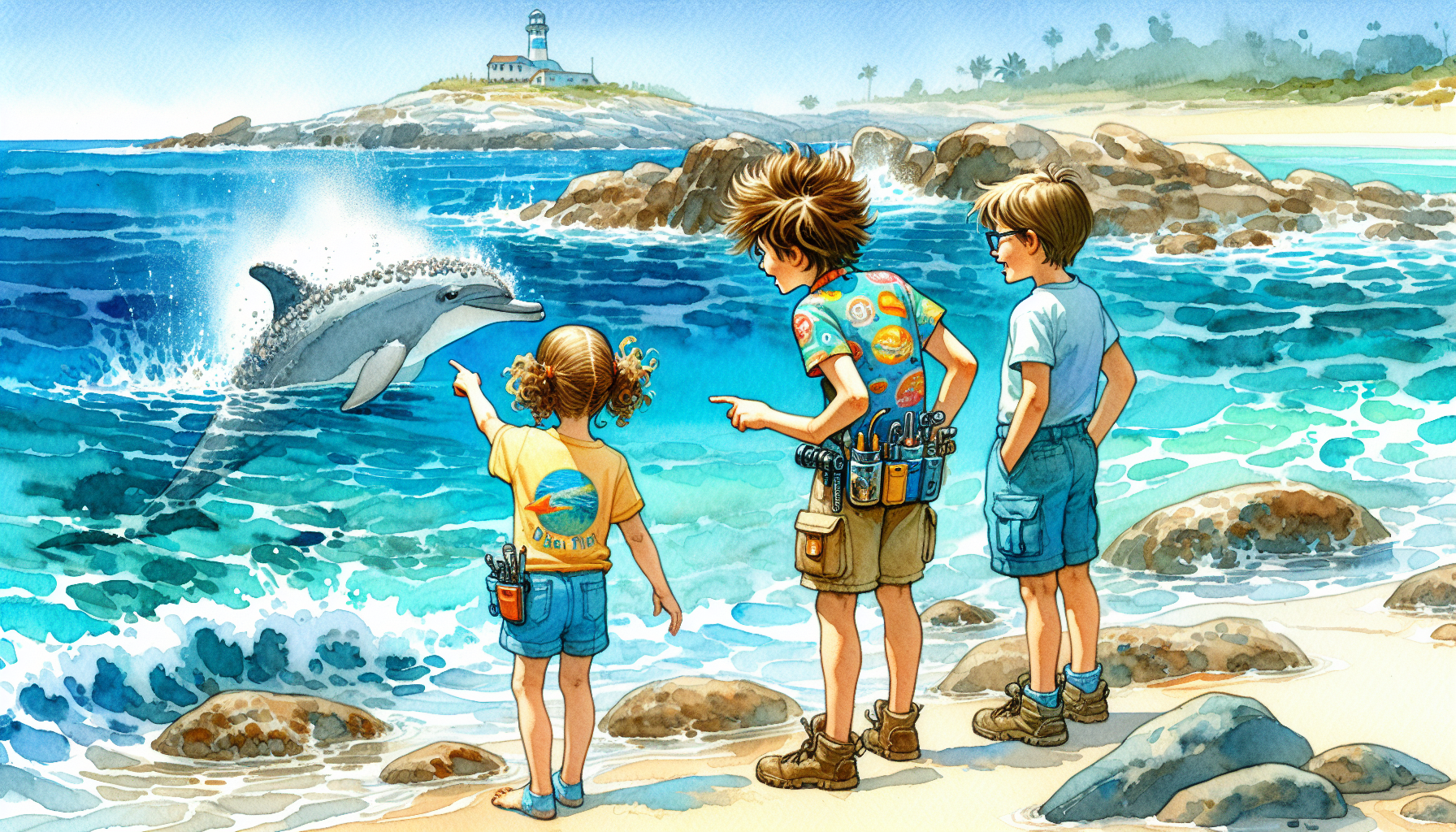 Lily, Max, and Zoe watch a dolphin with a tool belt popping in and out of the water, near rocky outcroppings.