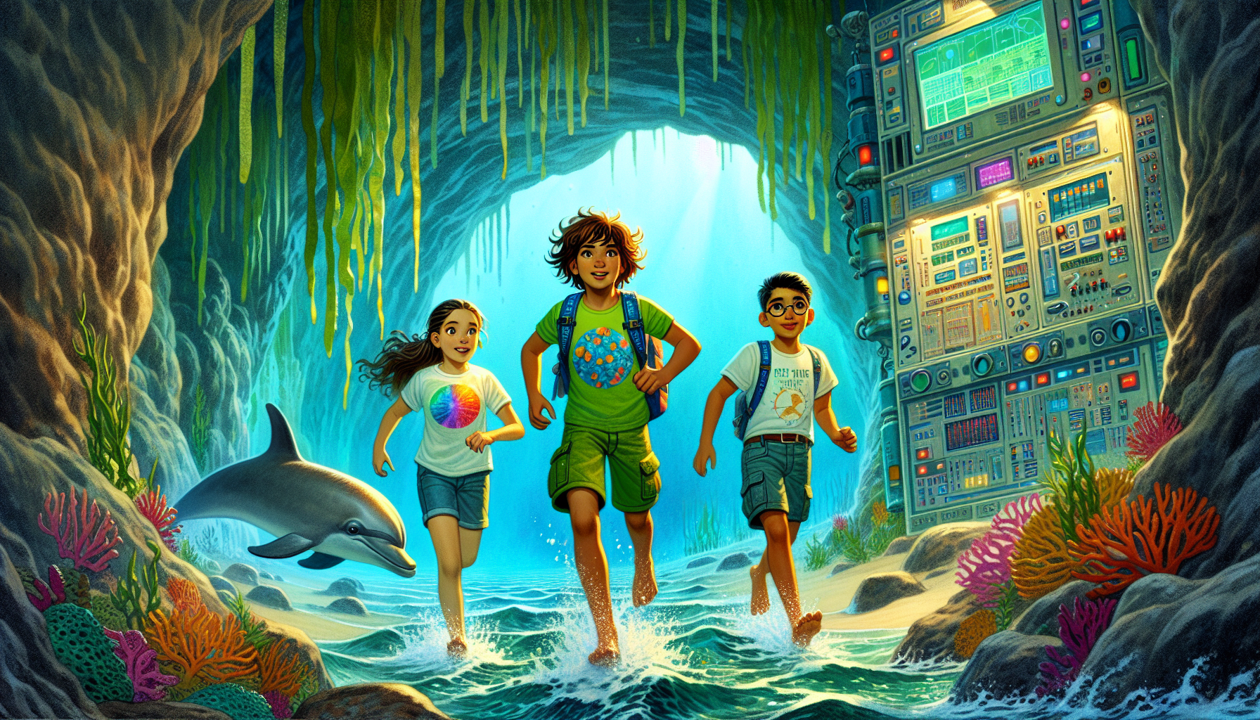 Lily, Max, and Zoe swim through a tunnel of seaweed and find a cavern with a massive, colorful machine.
