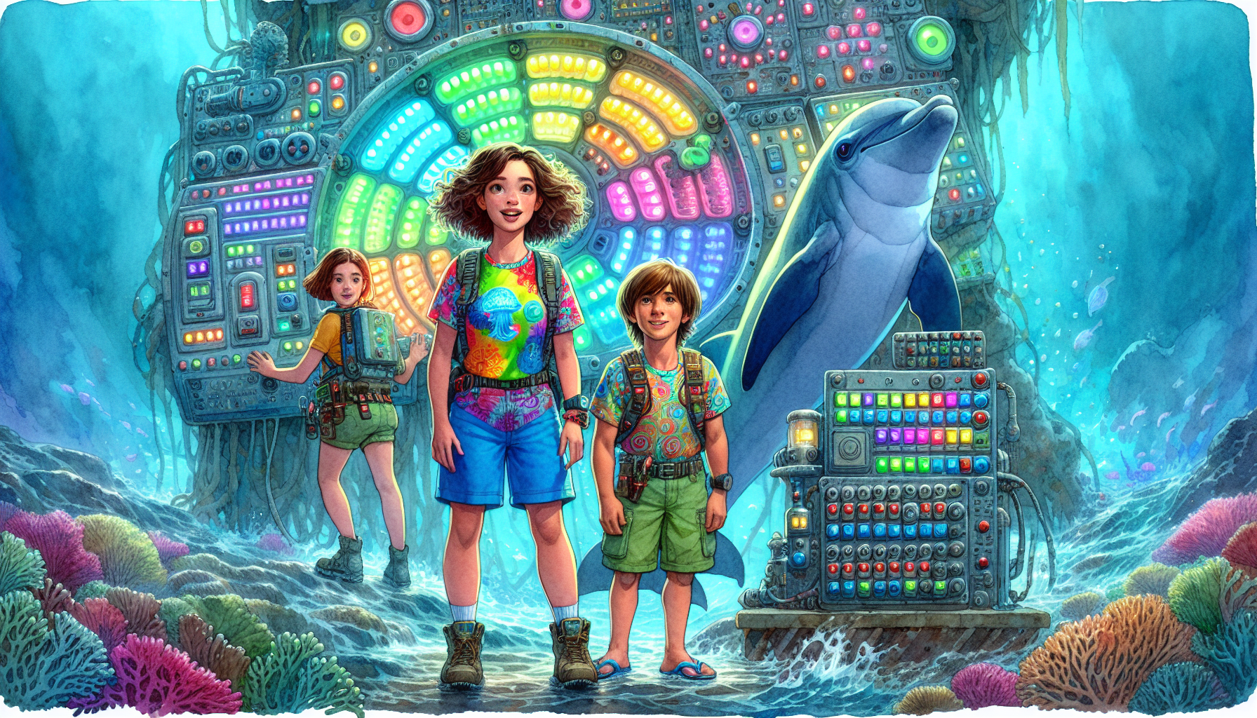 Wave the dolphin introduces himself and explains the Perfect Beach Day Machine to the children inside the underwater cave.