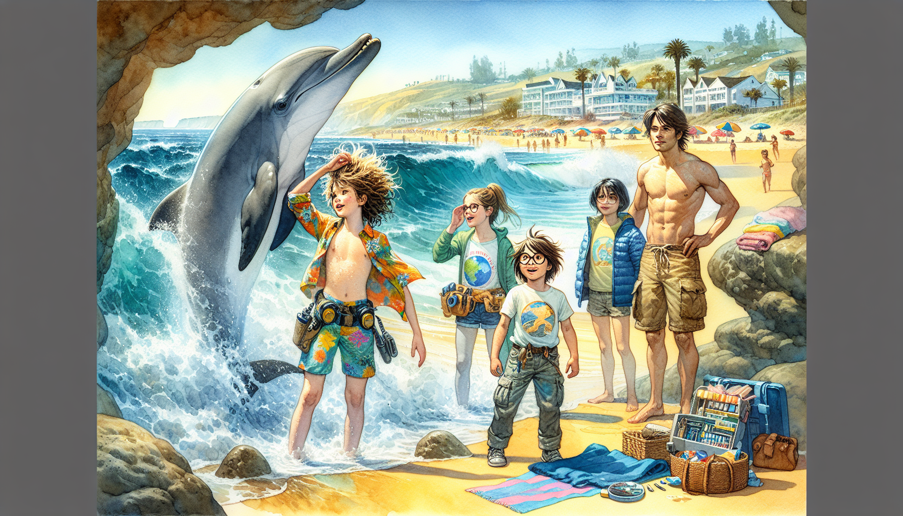 The children and Wave emerge from the cave to a crowd of amazed onlookers as a rainbow forms over the ocean.