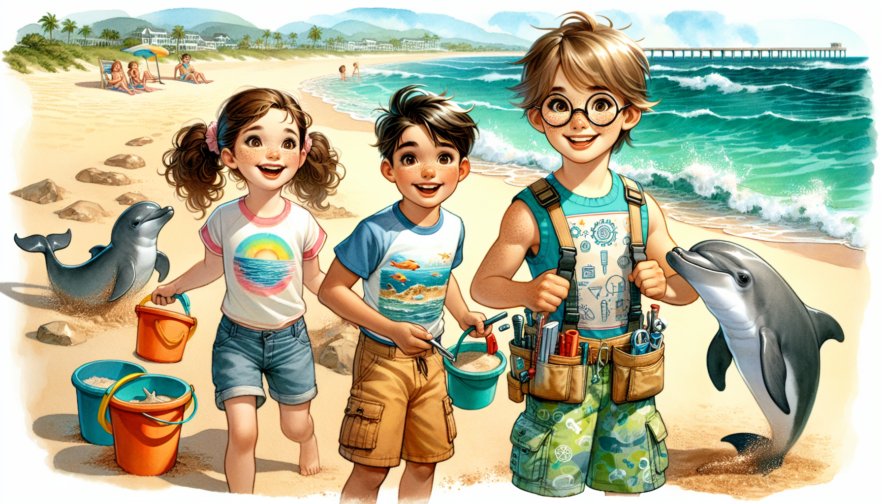 The children and Wave build sandcastles on the beach under a clear sky, enjoying the natural weather.