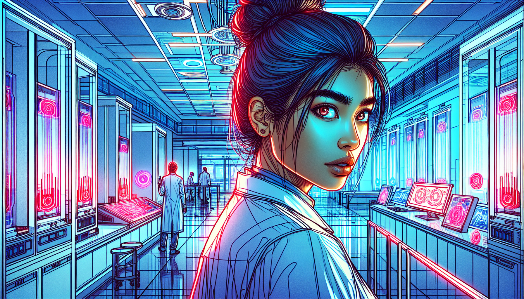 Emergency red lights illuminate Dr. Aurora Chen after a lab accident.