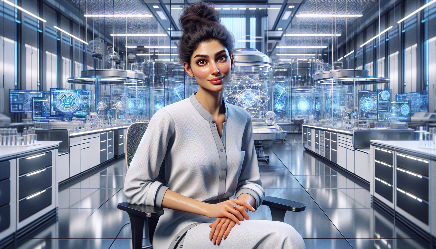 Dr. Aurora Chen realizing her quantum entanglement breakthrough with dawn light entering the lab.