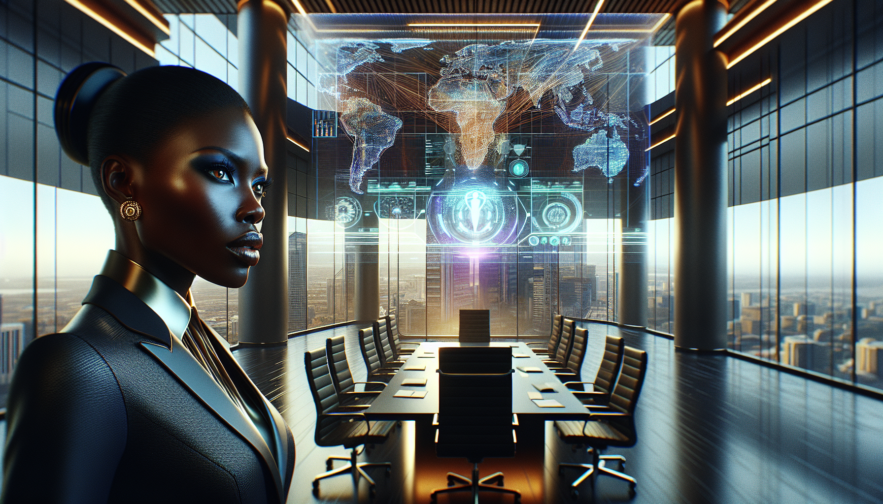 Zara Okoro presenting a holographic map in AfriCorp's Lagos boardroom.