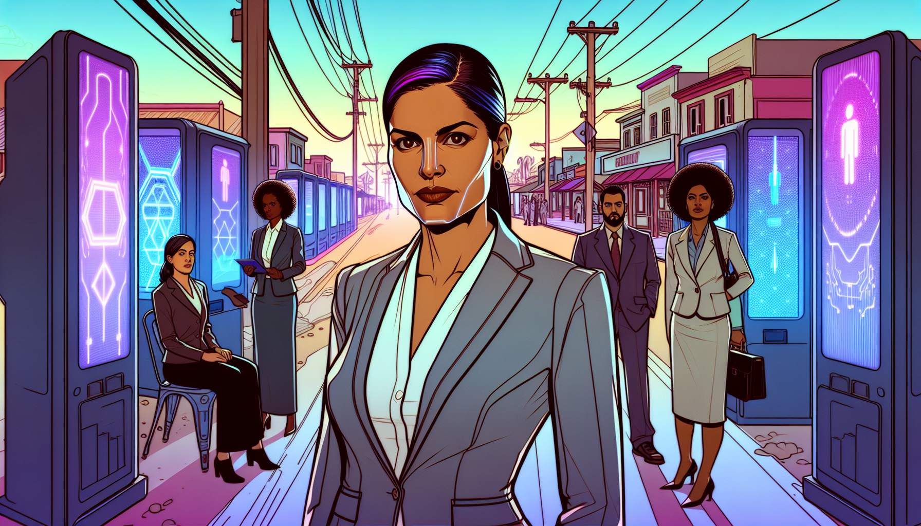 Zara Okoro and local entrepreneurs near quantum pods in a Kenyan town.