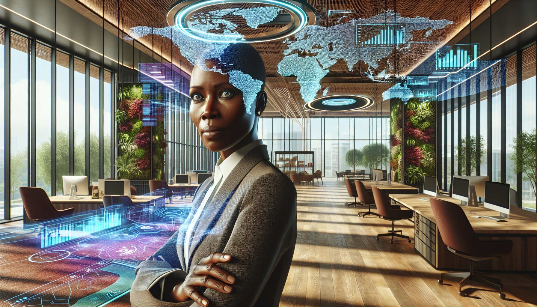 Zara Okoro analyzing a world map with quantum hub data.