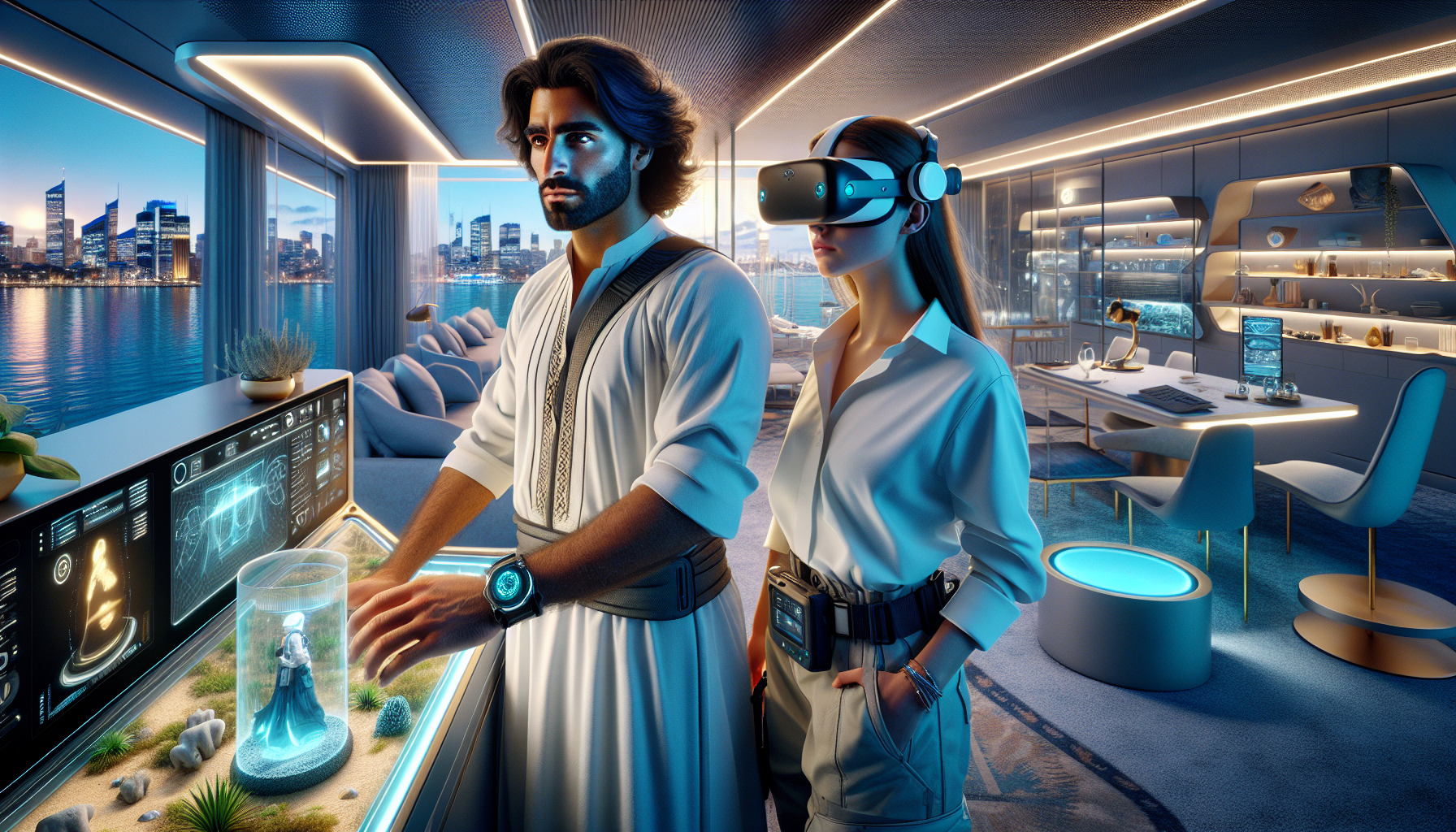 Khalid and Sophia experiencing a VR Moroccan riad together.