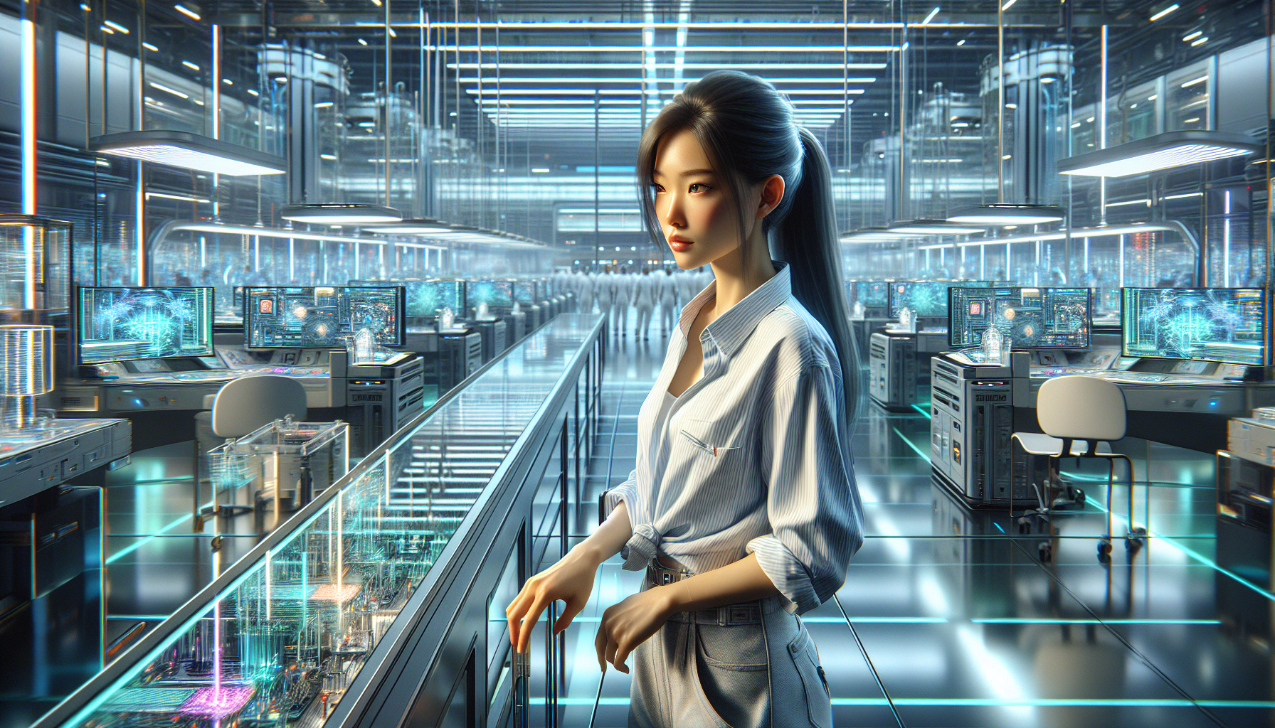 Lian Chen focused on her work amid holographic displays in a quantum lab.