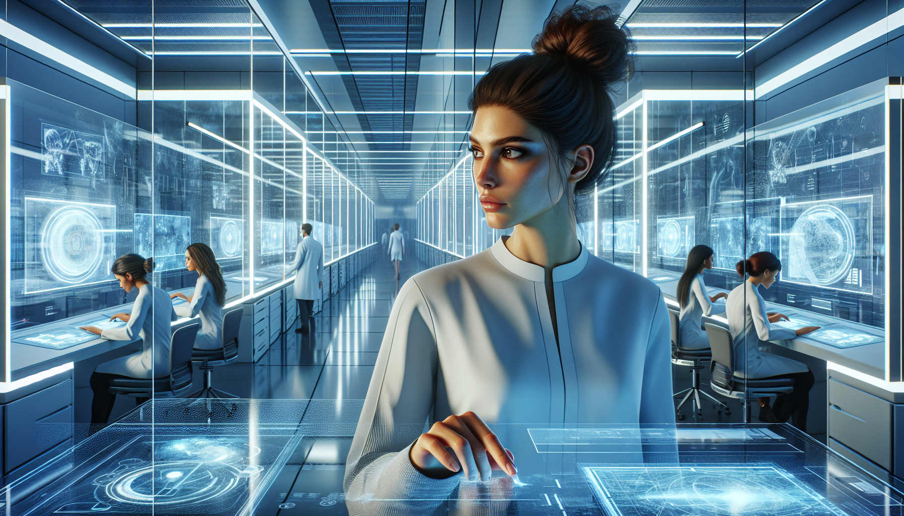 Aurora and Lian Chen in urgent discussion at the quantum lab.