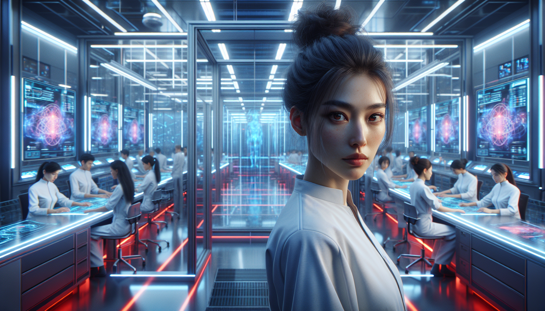 Aurora and Lian Chen seeking a solution in the red-lit lab.