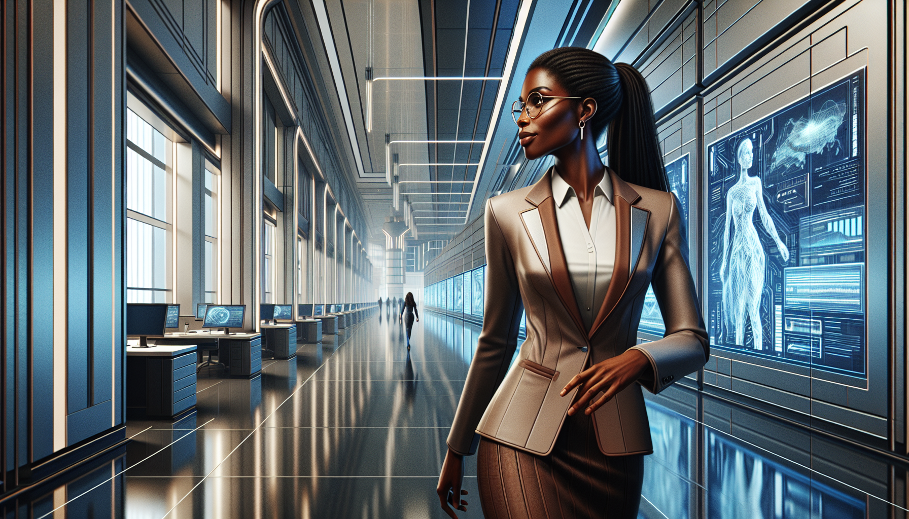 Dr. Samantha Yao hurries through a futuristic and modern office building.