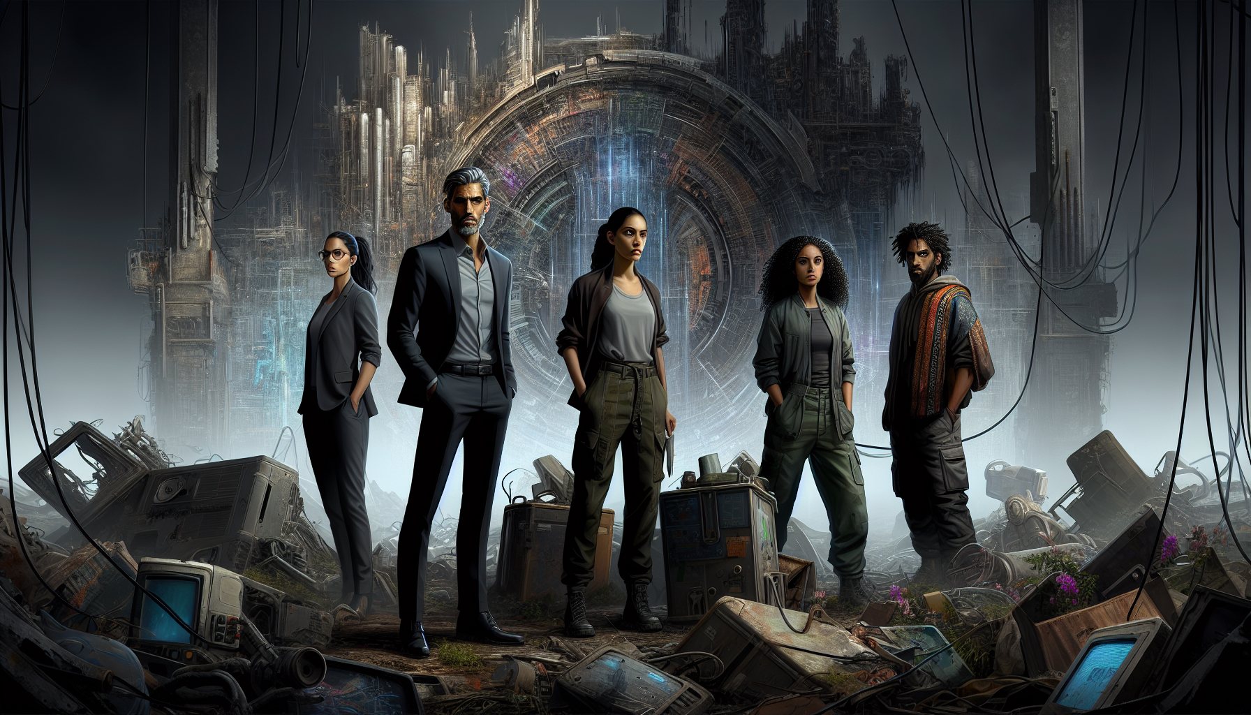 The group observes ClipGenius's massive facility from behind a pile of scrap.