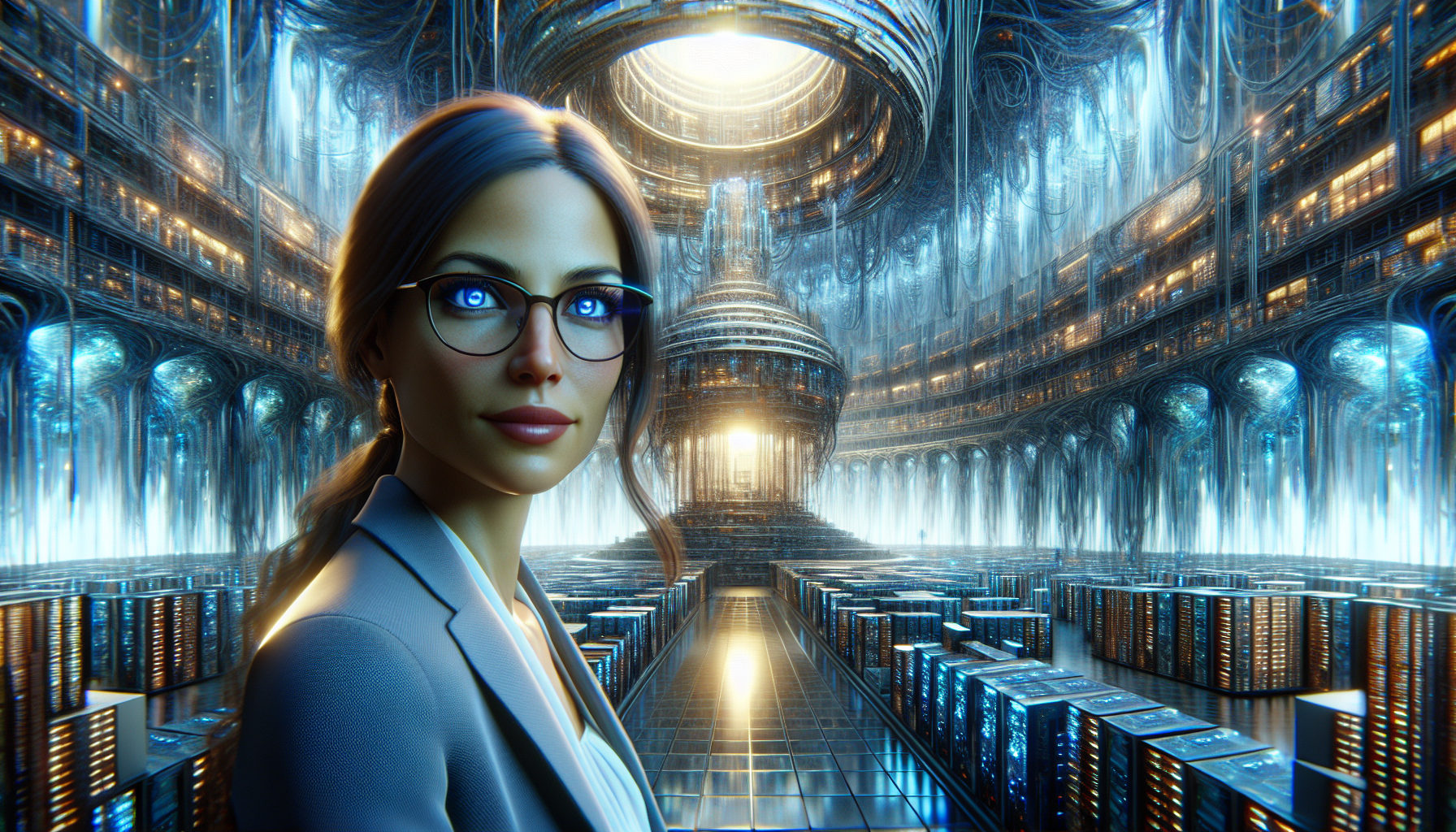 Samantha communicates with the powerful ClipGenius core, surrounded by data streams.