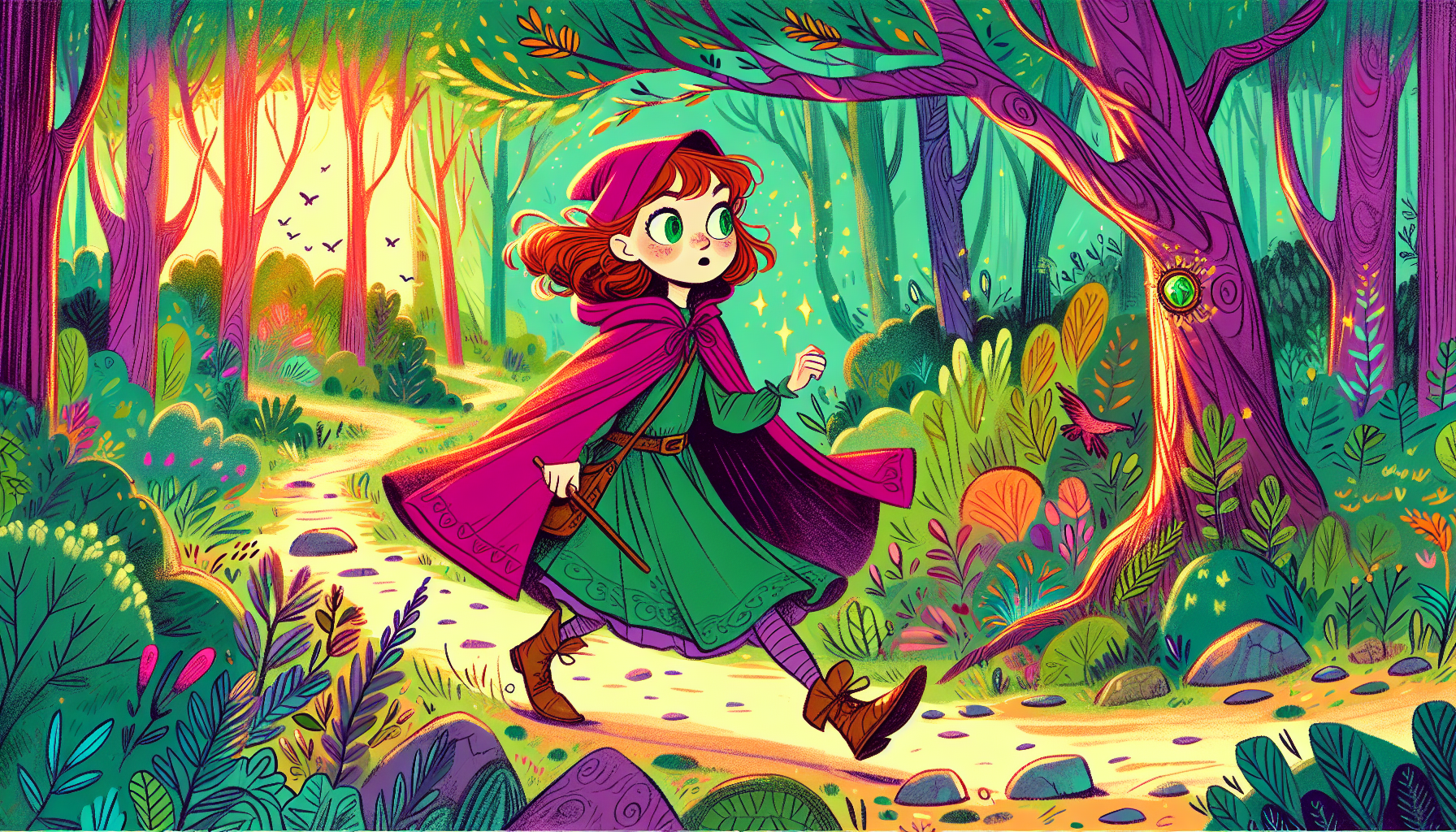 Winnie walking through a vibrant, sunlit forest.