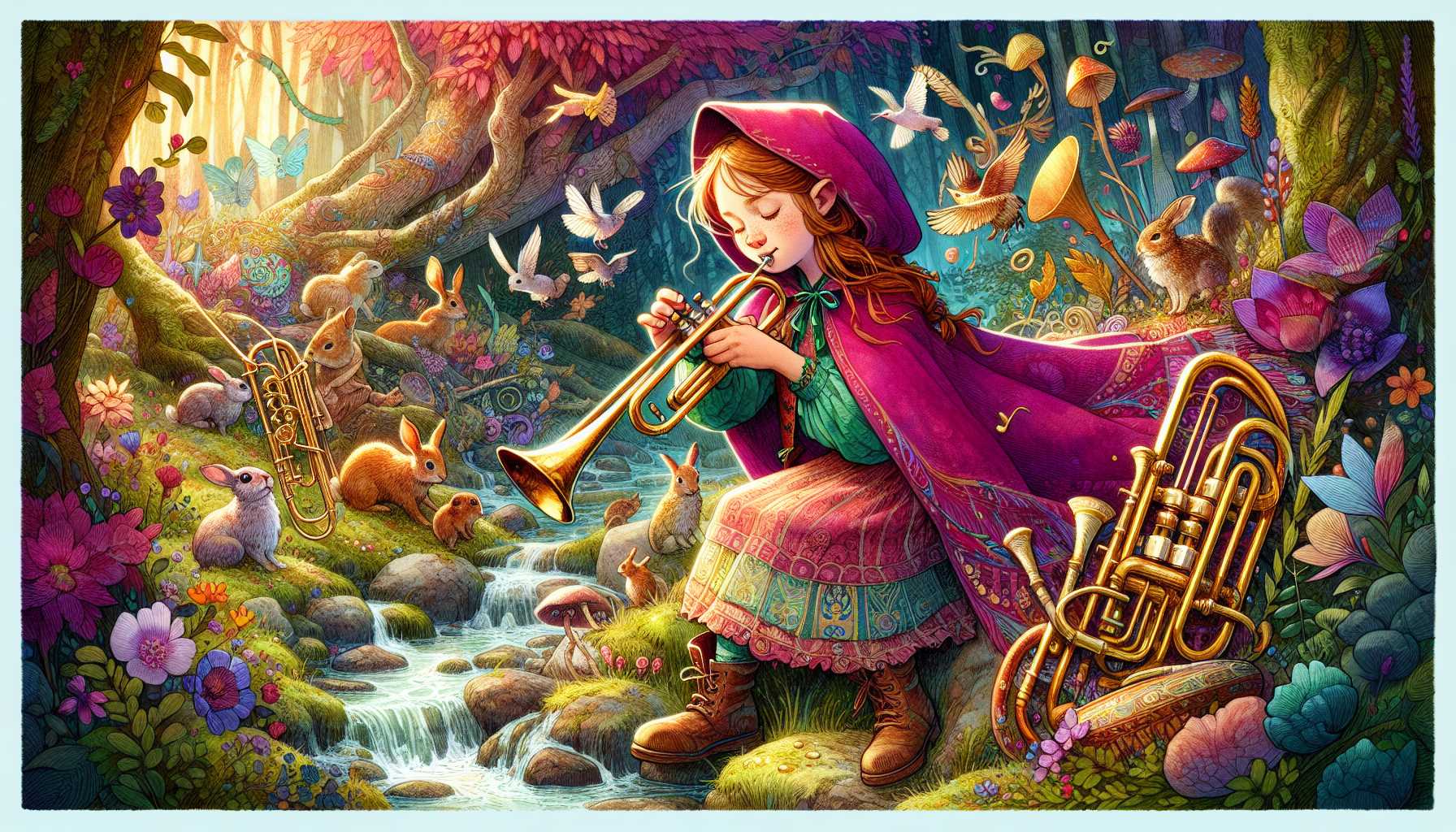 Winnie playing a trumpet beside a creek with mesmerized woodland creatures gathering around.