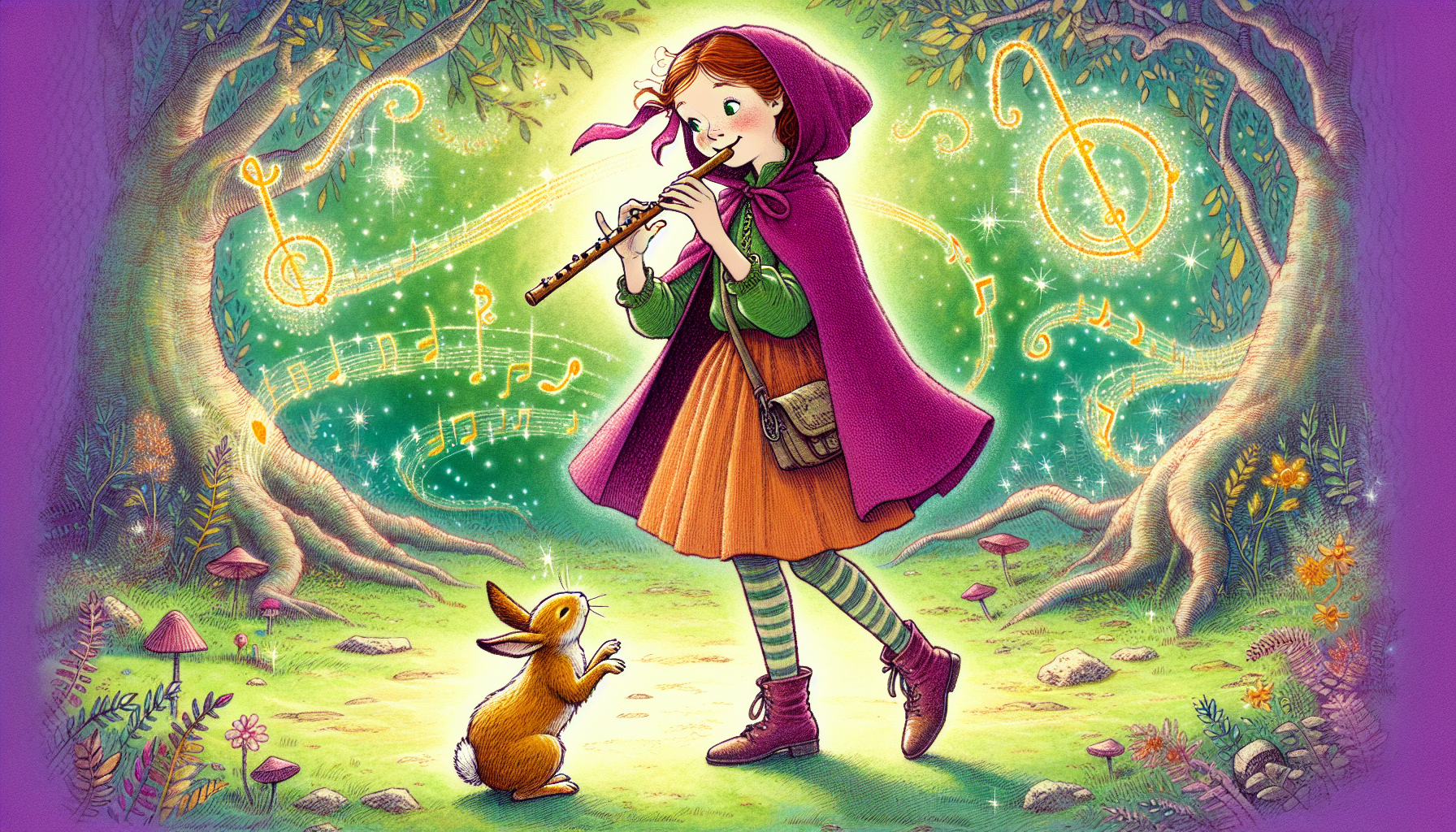 Winnie playing a flute with a dancing rabbit in a sunlit glade.