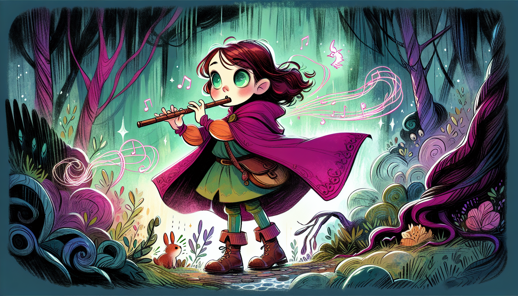 Winnie playing the flute to save a rabbit from a dark vine.