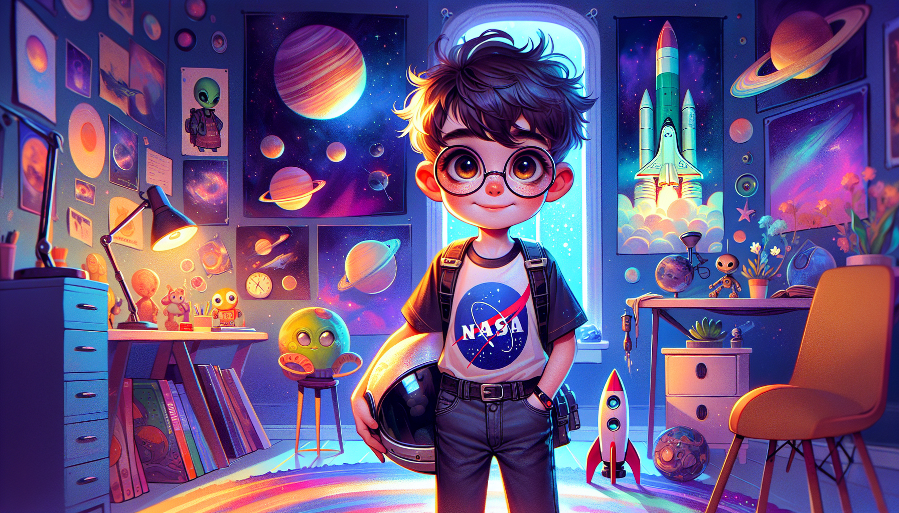 Zack back in his bedroom, removing the space helmet, with a sense of wonder in his eyes.