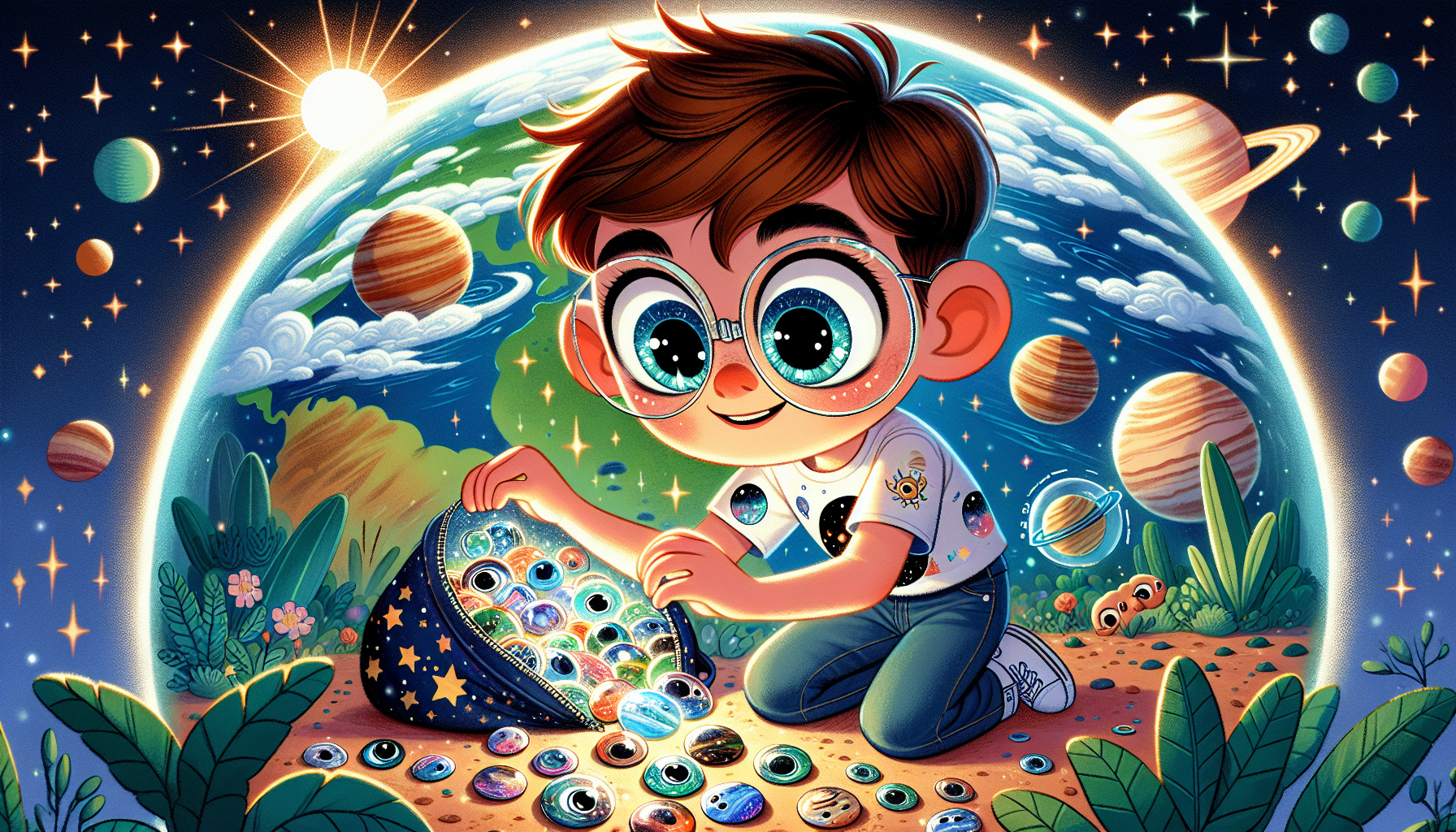 Zack discovering and arranging planetary badges that capture the essence of different planets.