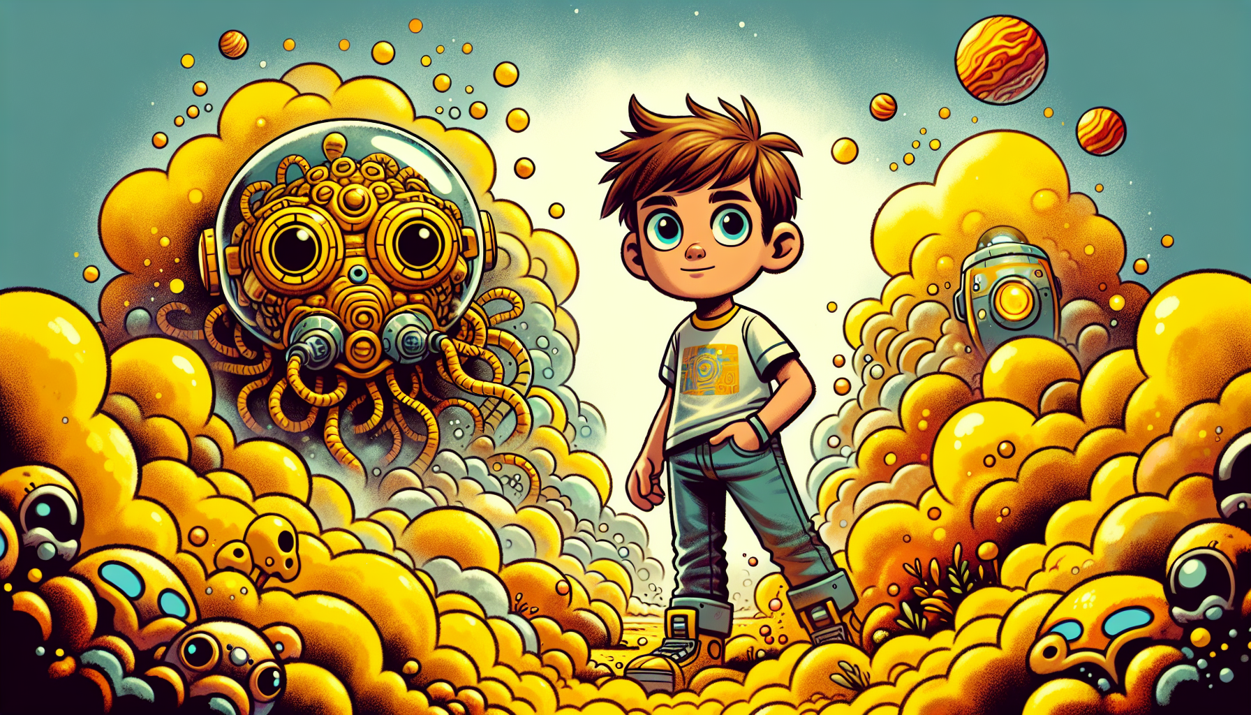 Zack engulfed by thick, yellowish clouds with Venera emerging from the mist.