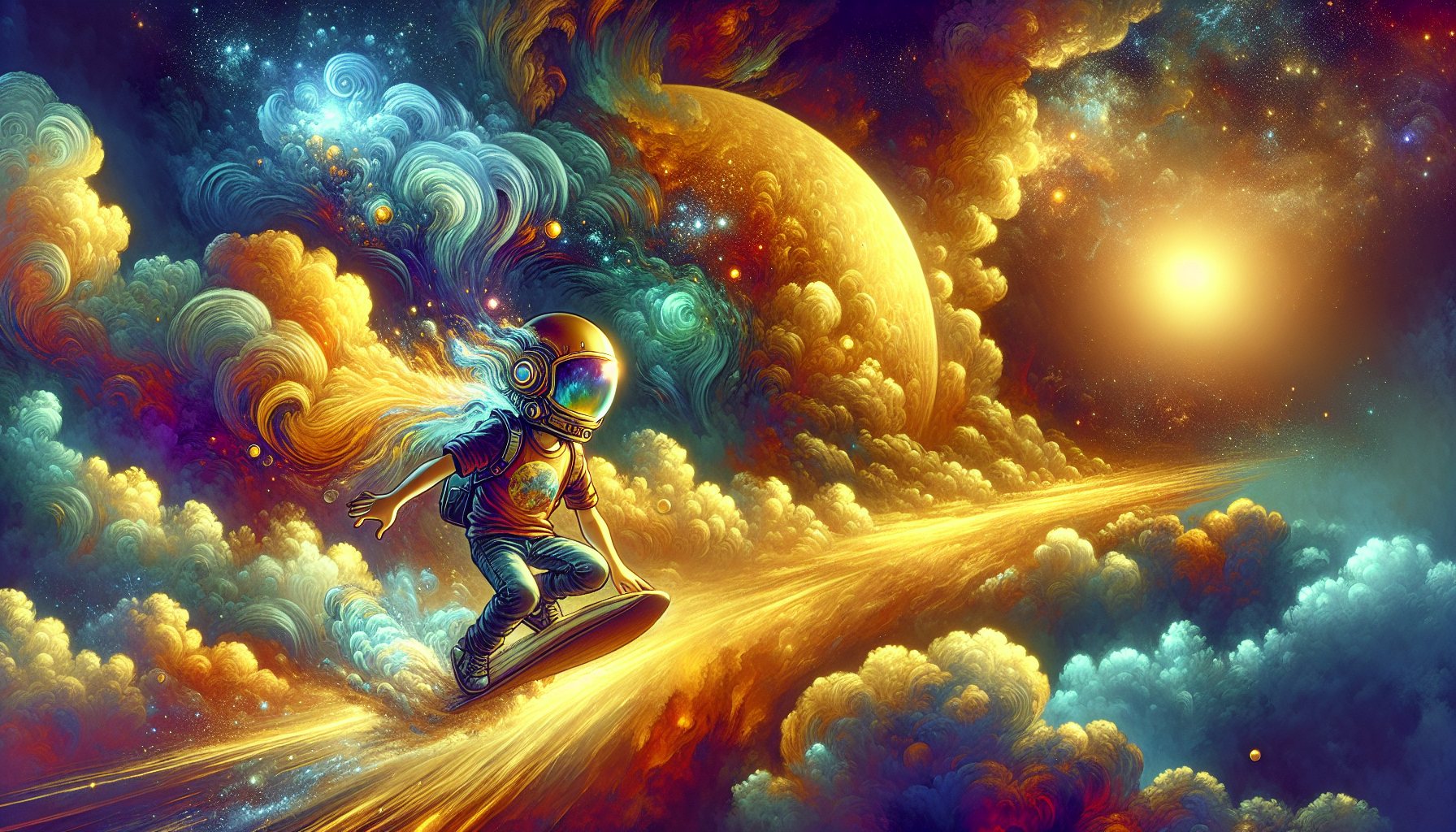 Zack and Venera cloud-surfing through Venus's thick and turbulent atmosphere.