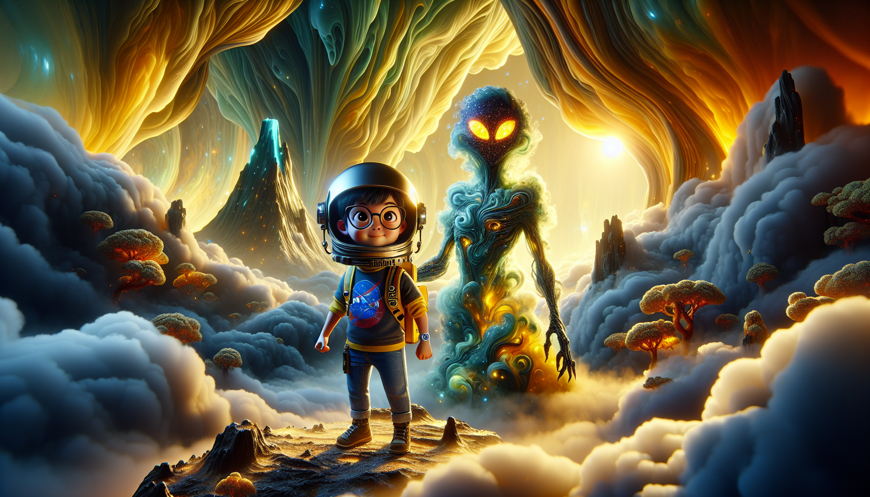 Zack discovering a hidden volcanic peak on Venus with Venera celebrating his success.