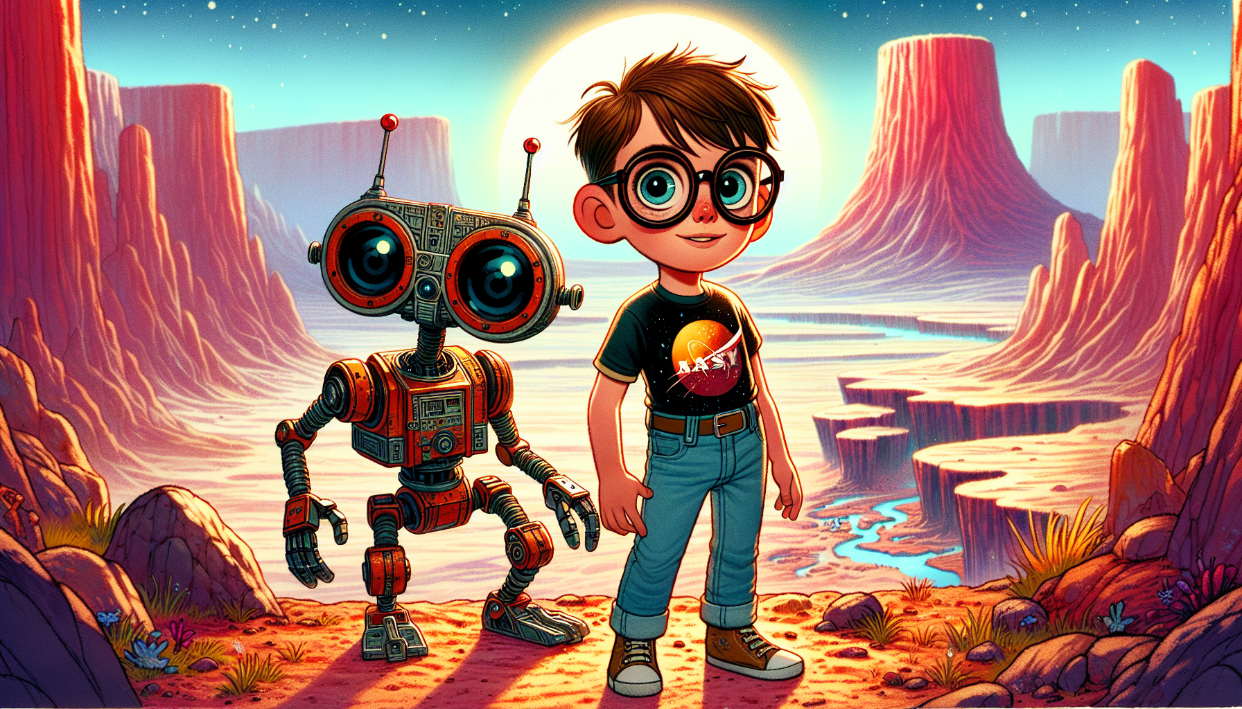 Zack and Rover walking towards Olympus Mons, Mars's largest volcano.