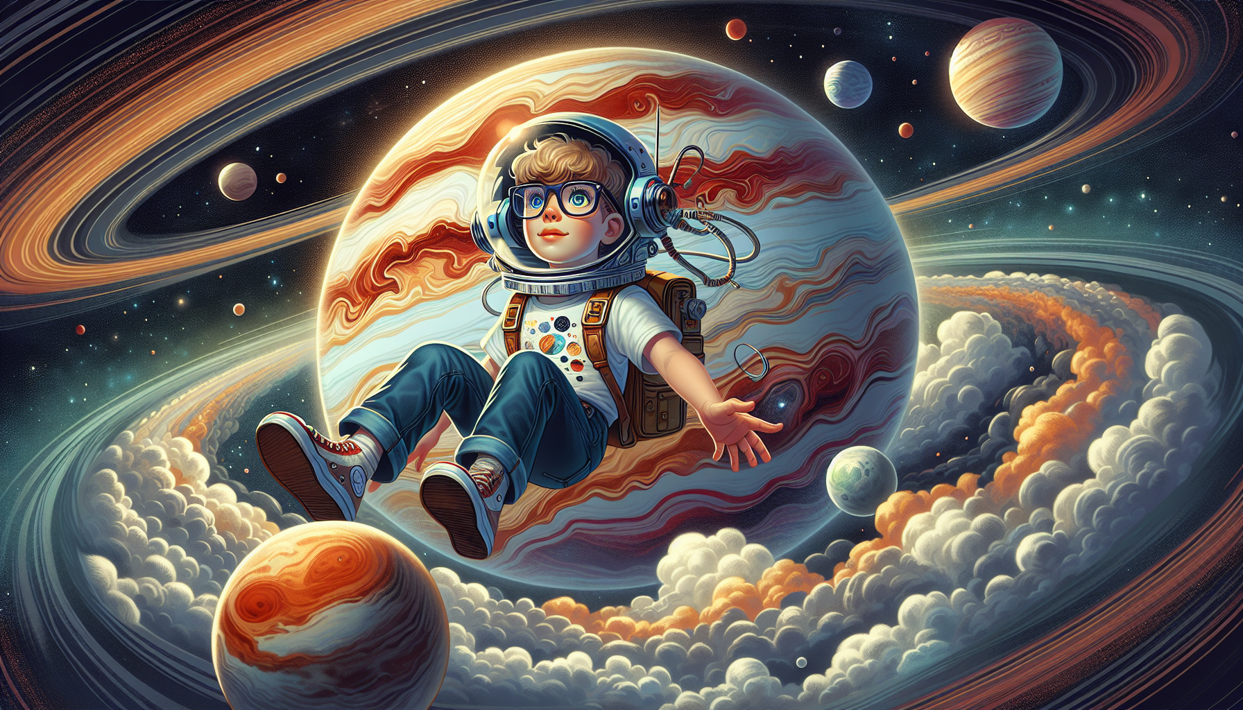 Zack floating in the colorful, swirling clouds of Jupiter.