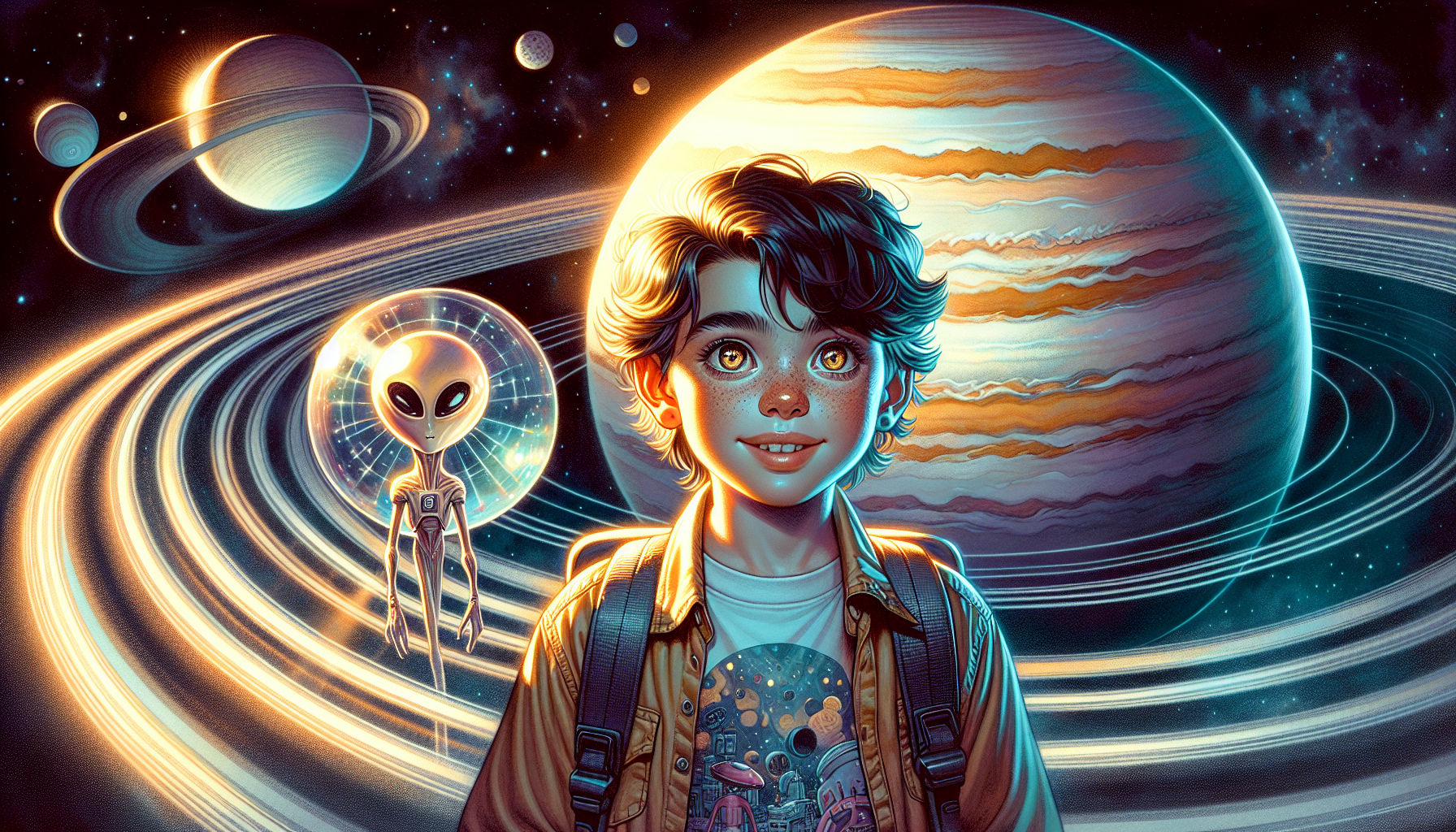 Zack approaching Saturn with Ringy, admiring its magnificent rings.